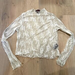 Vintage Y2K Lettuce Hem Sheer Lace Top Fairycore Angelcore
